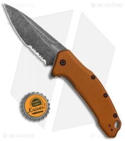 Kershaw Link Drop Point Knife Flat Dark Earth Aluminum (3.25" BlackWash Serr) -Kershaw Shop Kershaw Link Assisted SW Plain FDE Handle Serr 1776BRZBWST BHQ 85191 jr bottlecap